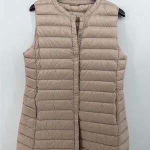 ELFJOY Womens Long Puffer Vest Beige Sleeveless Full Zip Down Fill Size L